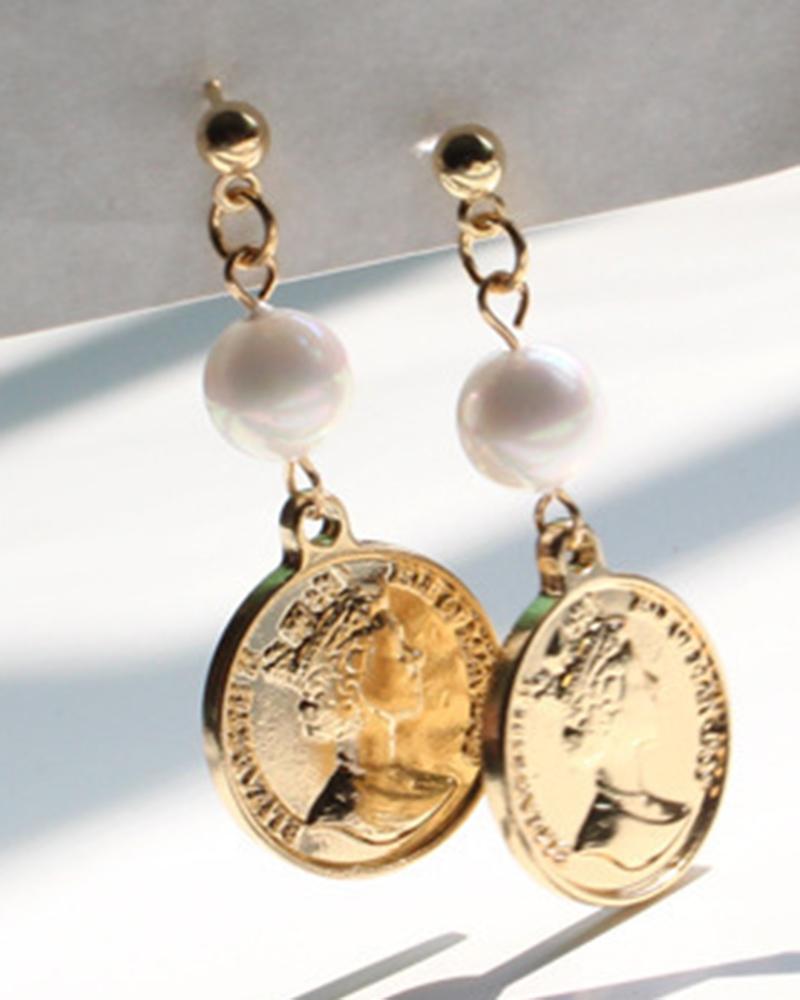 

1Pair Vintage Figure Coin Pearls Drop Earrings, Gold