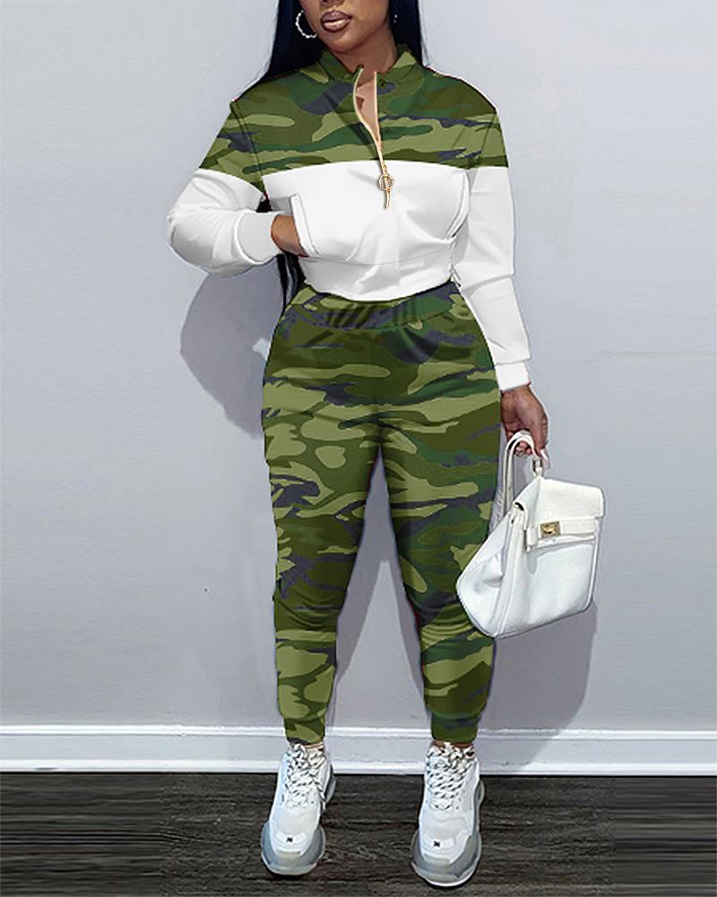 

Camo Print Zipper Front Top & Pants Set, Green