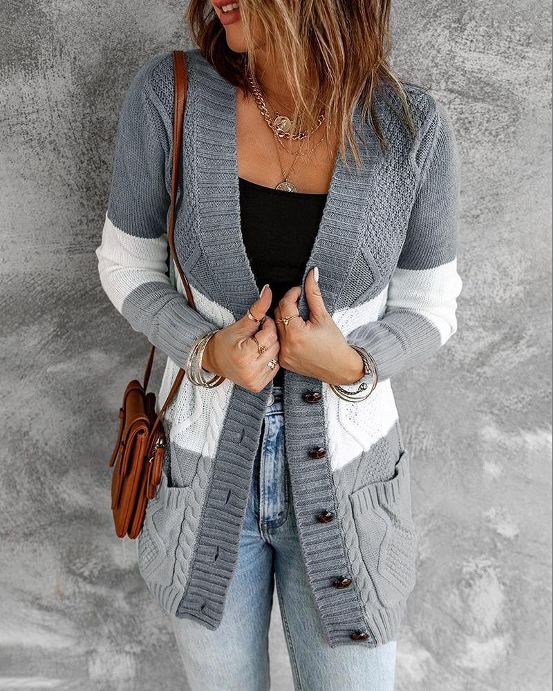 

Colorblock Pocket Button Design Braided Knit Cardigan, Gray