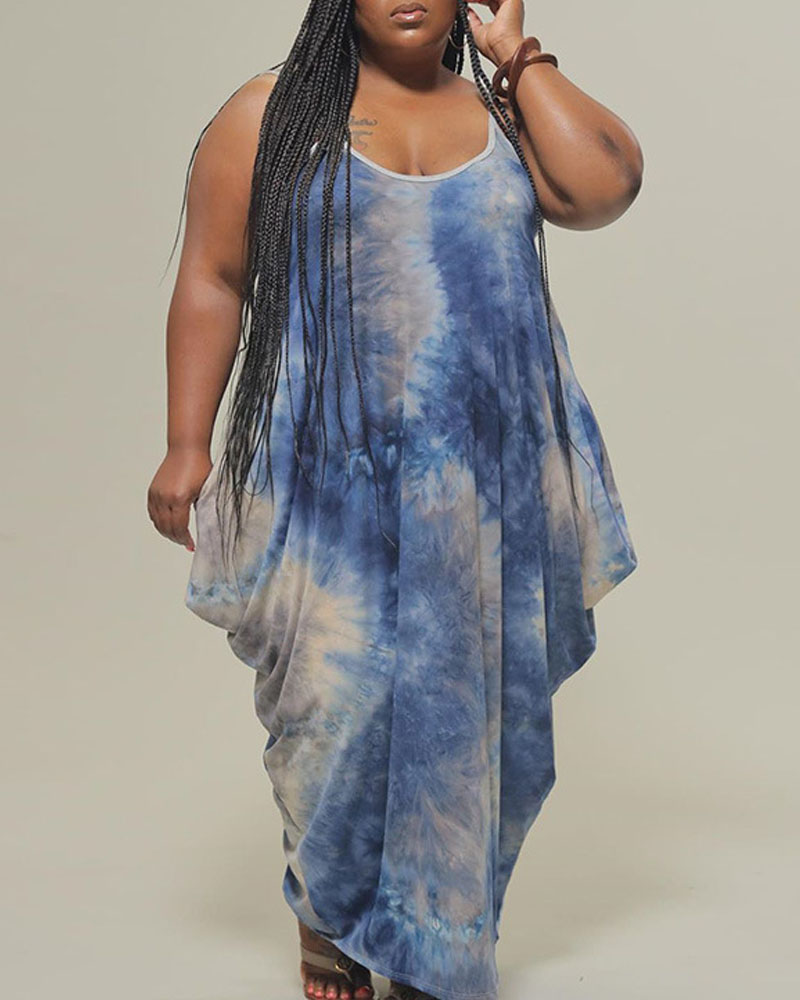 

Plus Size Tie Dye Print Draped Detail Cami Maxi Dress, Blue