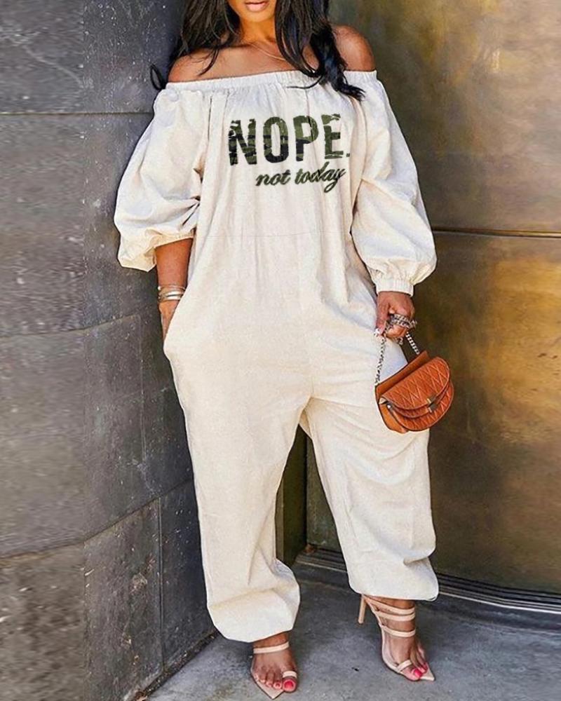 

Nope Not Today Camo Print Off Shoulder Jumpsuit, Beige