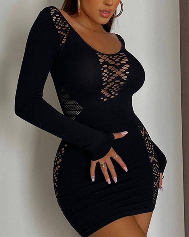 

Lace Patch Long Sleeve Bodycon Dress, Black