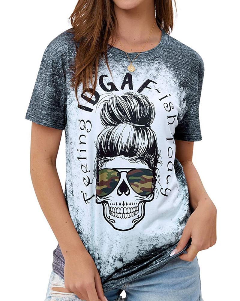 

Women' Vintage Skull Letter Print Round Neck T-shirt, Gray