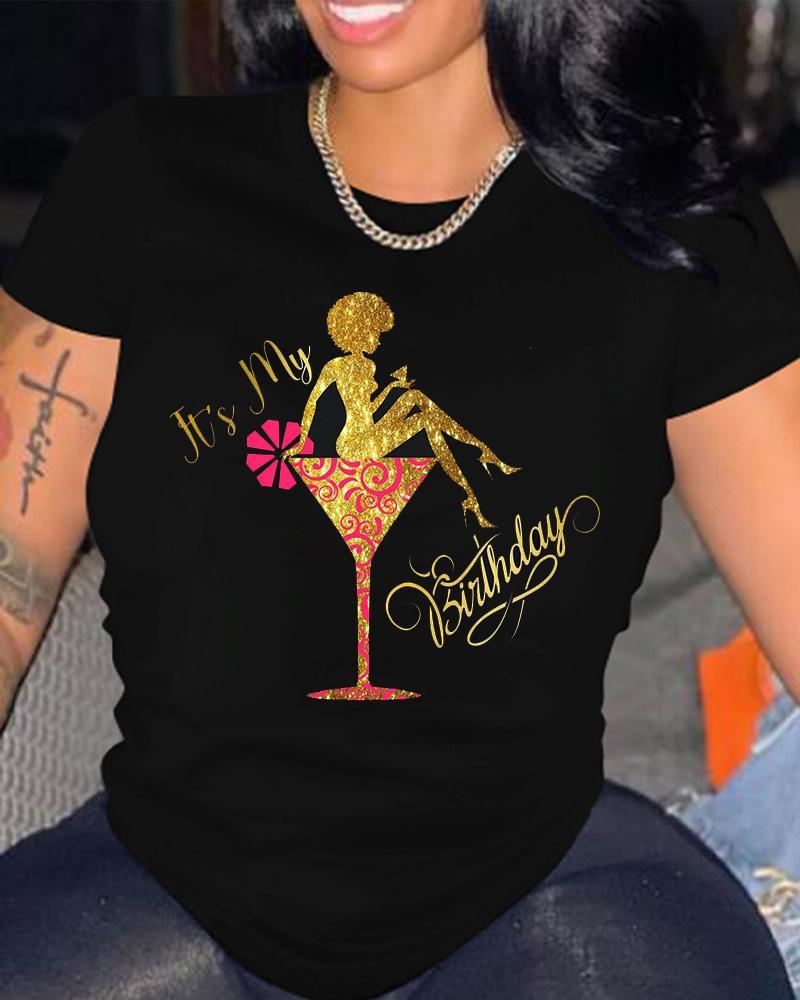 

Figure Wine Glass Print Casual T-shirt, Black