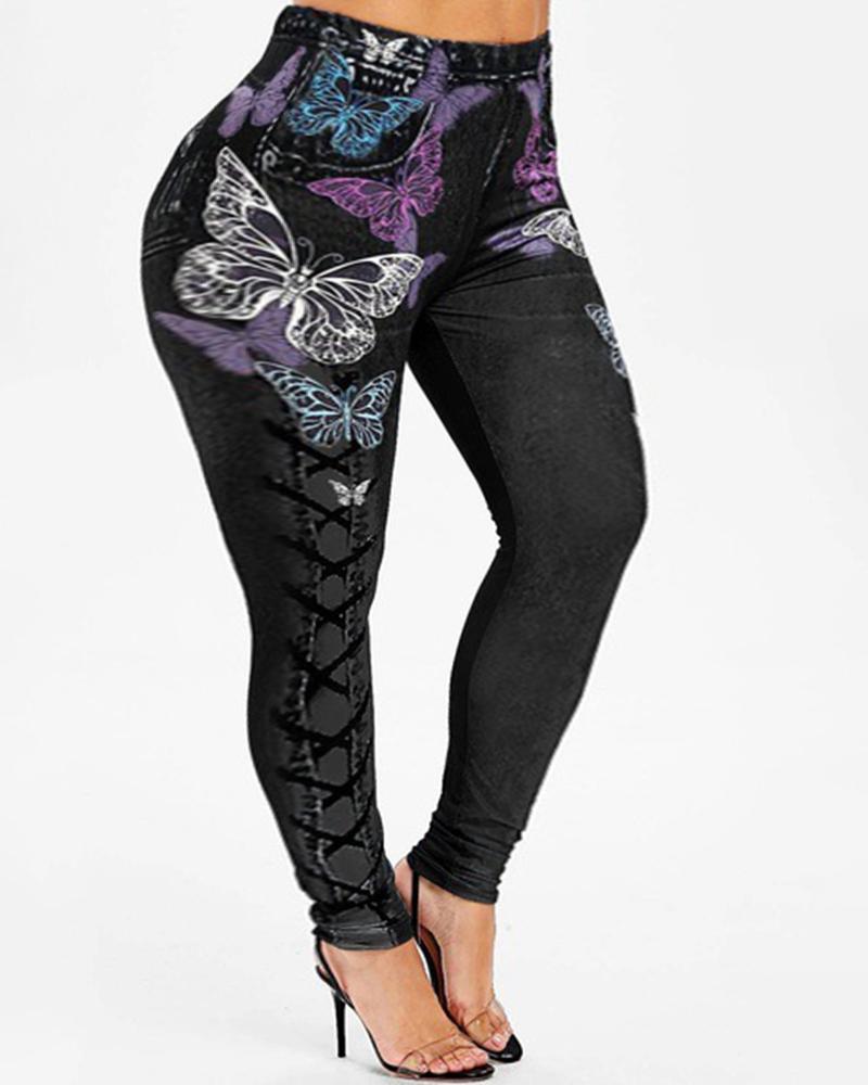 

Plus Size Butterfly Faux Denim Printed High Waist Leggings, Black