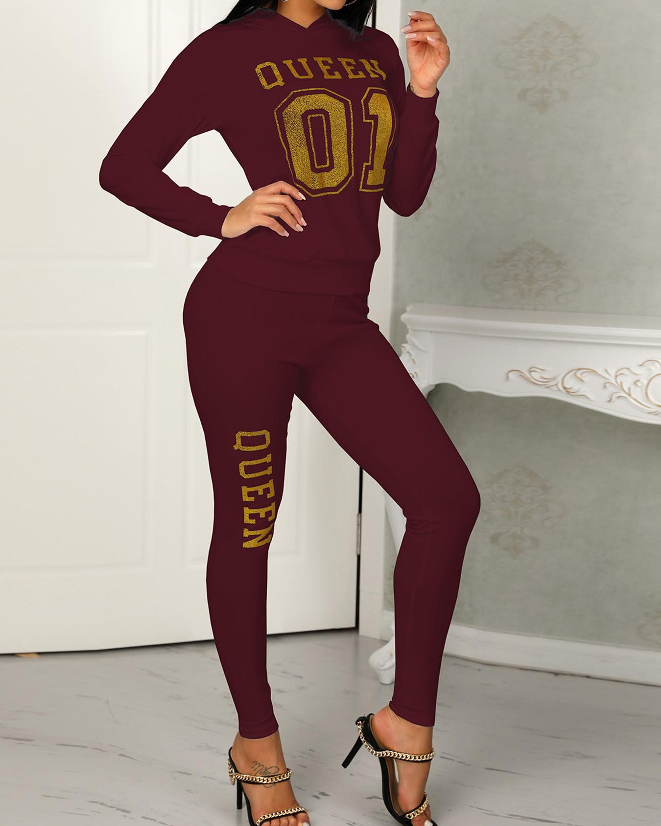 

Fashion Hot Stamping Hooded 2pcs Casual Suit Sets, Wine red