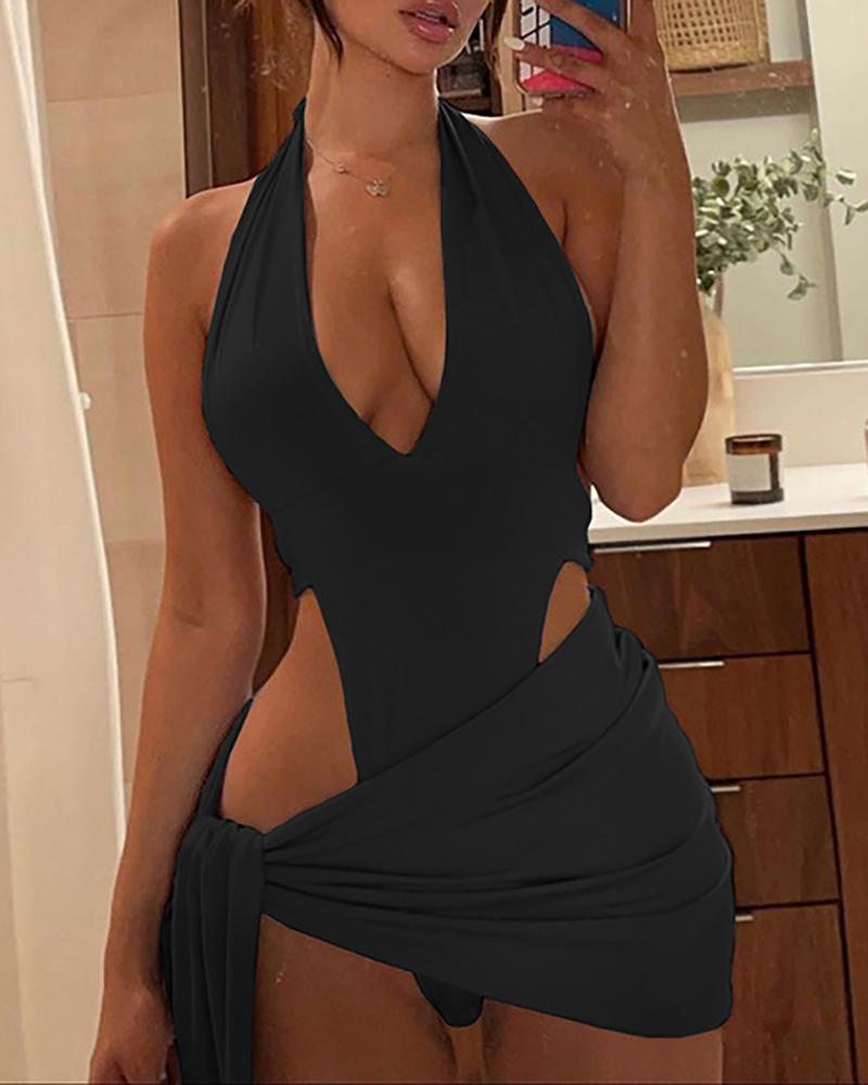 

Halter Sleeveless Bodysuit With Cover Up, Black