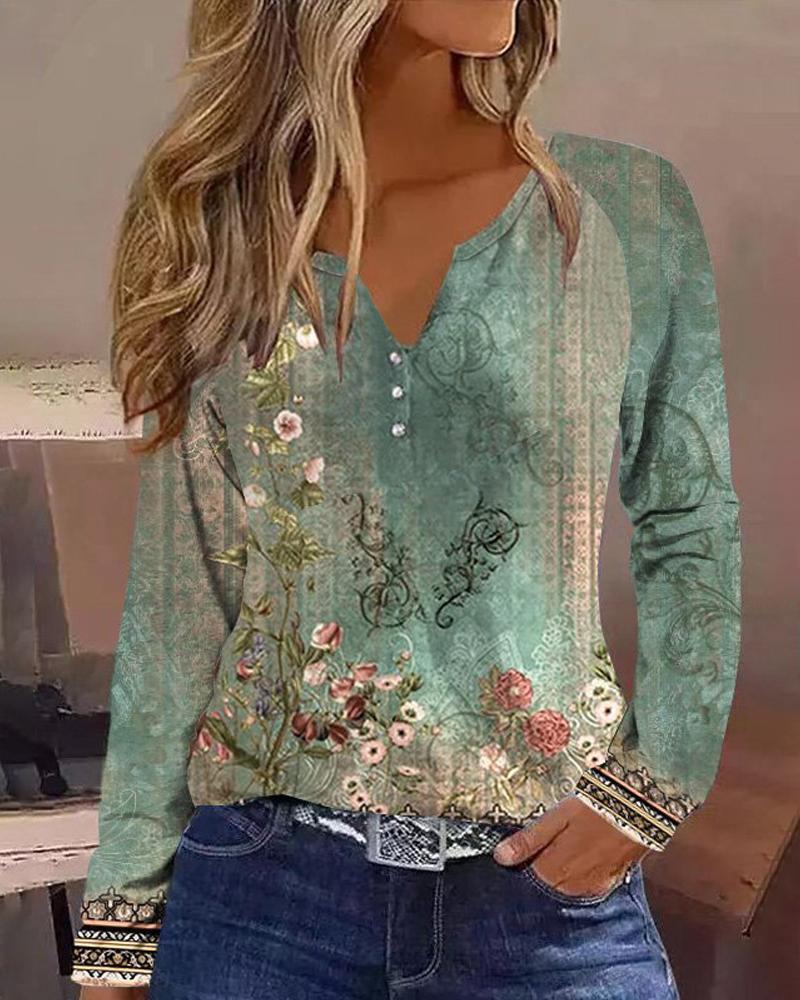 Floral Tribal Print Notch Neck Top