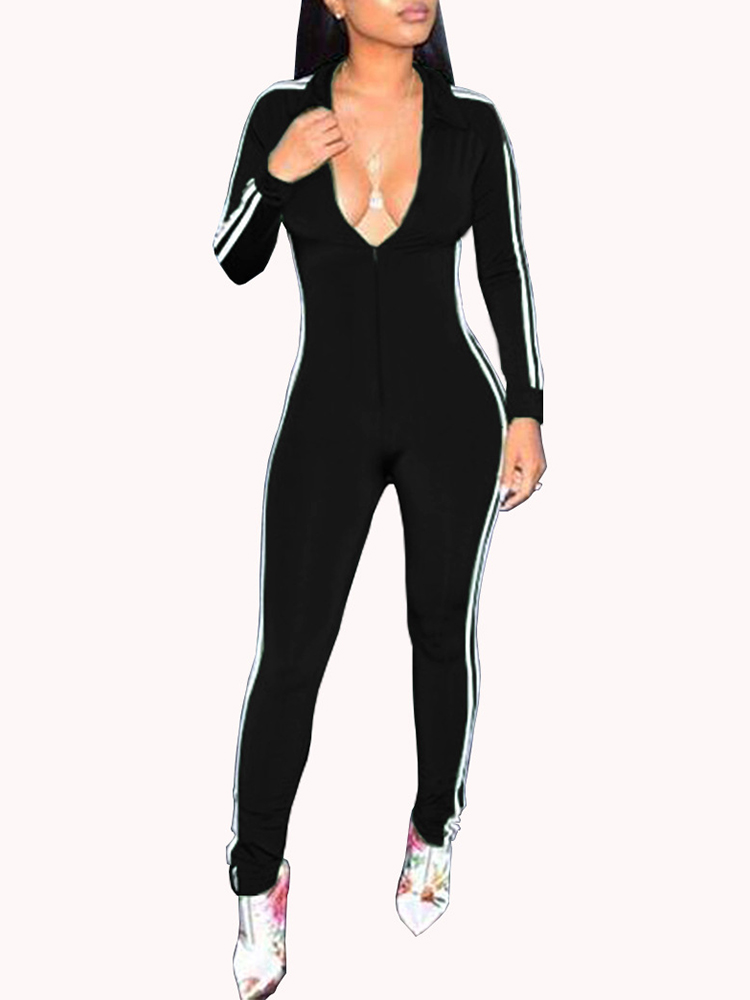 

Contrast Stripes Zipper Up Skinny Jumpsuit, Black