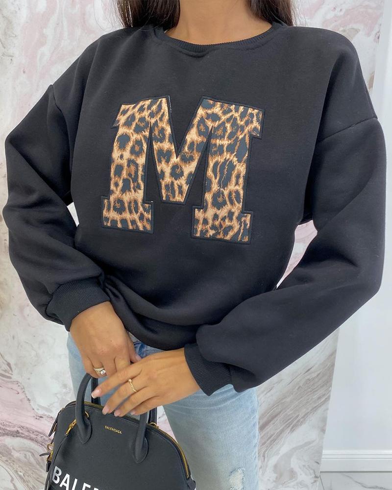 

Leopard Letter Print Long Sleeve Sweatshirt, Black