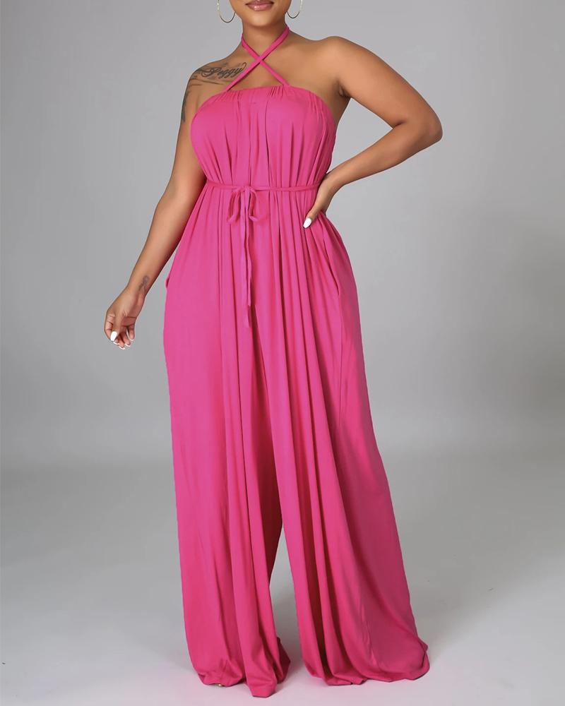 

Solid Color Sleeveless Pocket Self Tie Wide Leg Jumpsuit, Hot pink