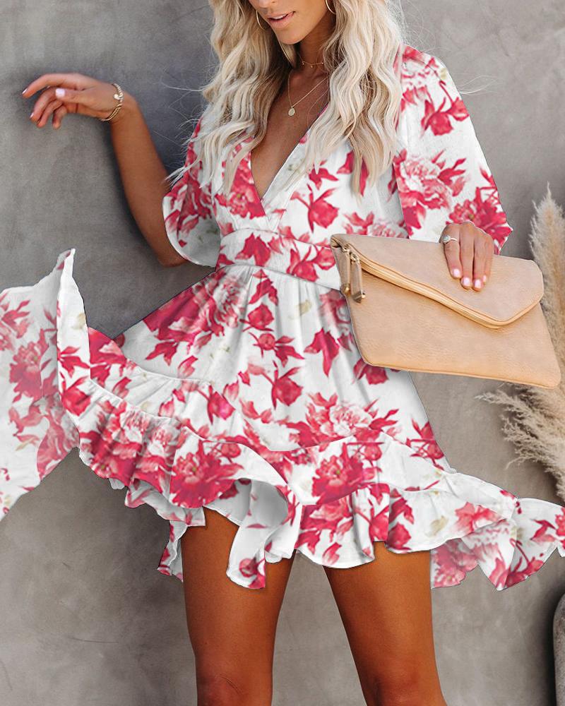 

Floral Print Ruffles Short Sleeve Dress, White