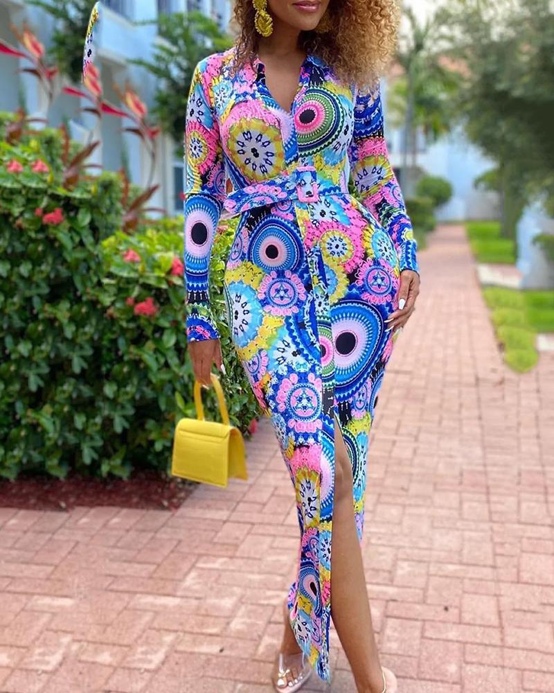 

Long Sleeve Slit Allover Print Dress With Belt, Multicolor