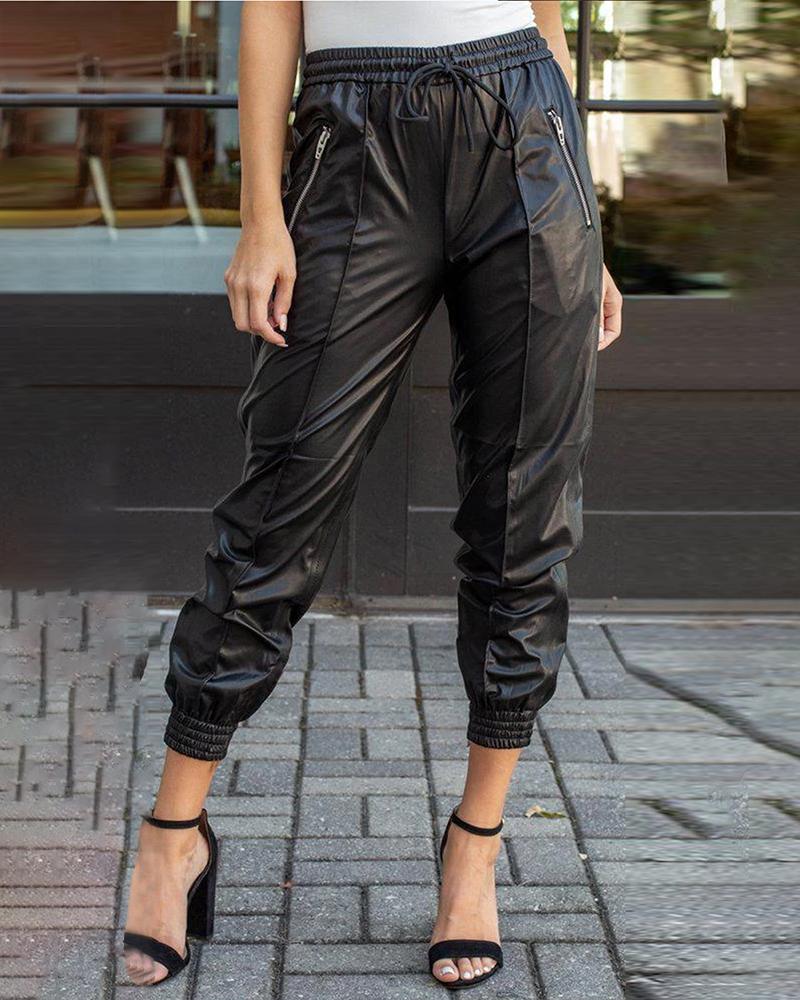 

Elastic Waist Zipper Detail PU Pants, Black