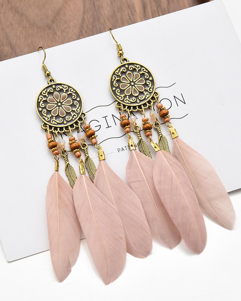 

1Pair Clan Feather Decor Tribal Pattern Retro Hoop Earrings, Coffee