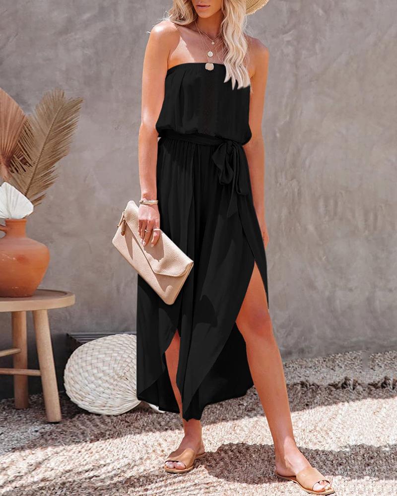 

Flowy Bandeau Lace Patch Slit Wide Leg Jumpsuit, Black