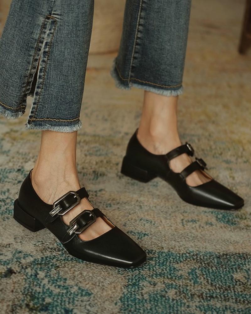 

Solid Pointed Toe Double Buckles Flat Slip-on, Black