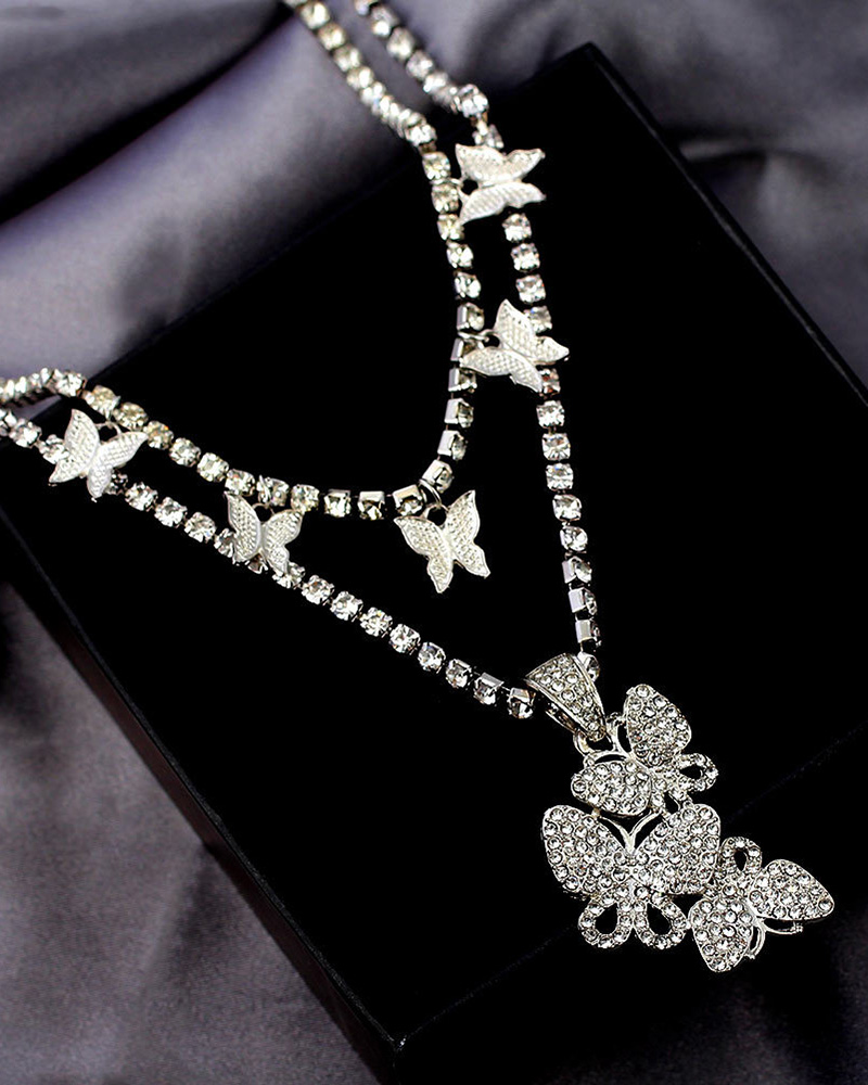 

2pcs Butterfly Pendant Rhinestone Chain Layered Necklace, Silver