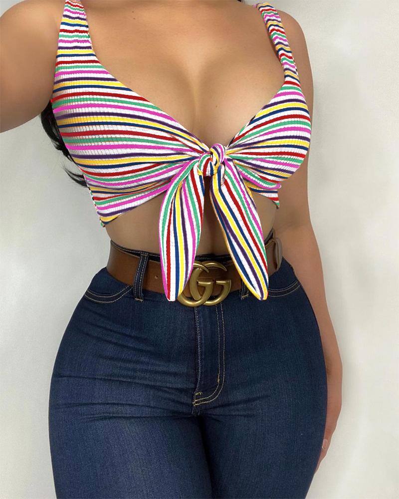 

Striped Colorblock Knotted Ribbed Crop Top, Multicolor