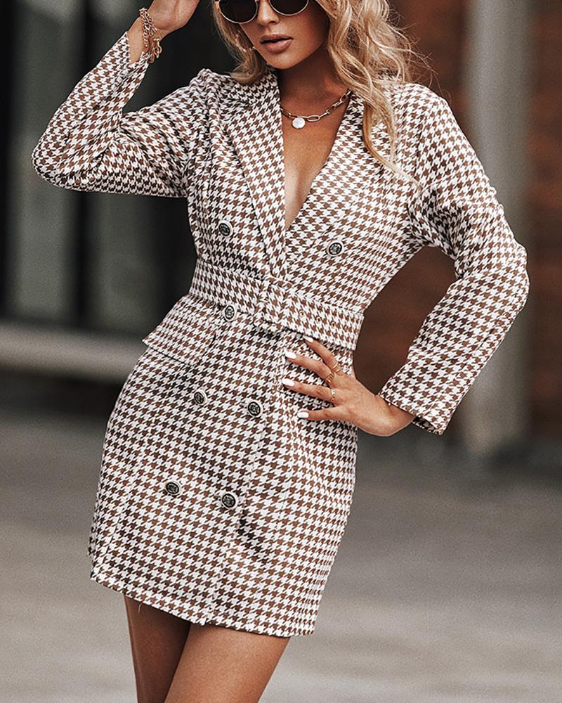 

Houndstooth Double Breasted Belted Blazer Dress, Khaki