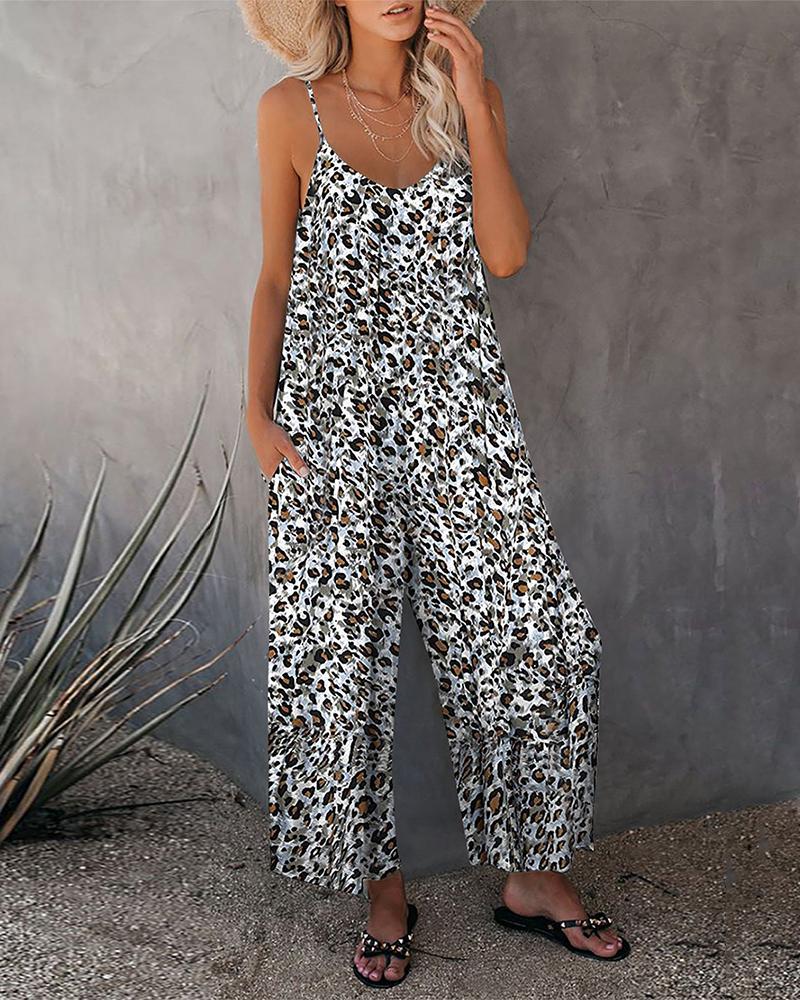 

Cheetah Print Pocket Design Wide Leg Jumpsuit, Leopard