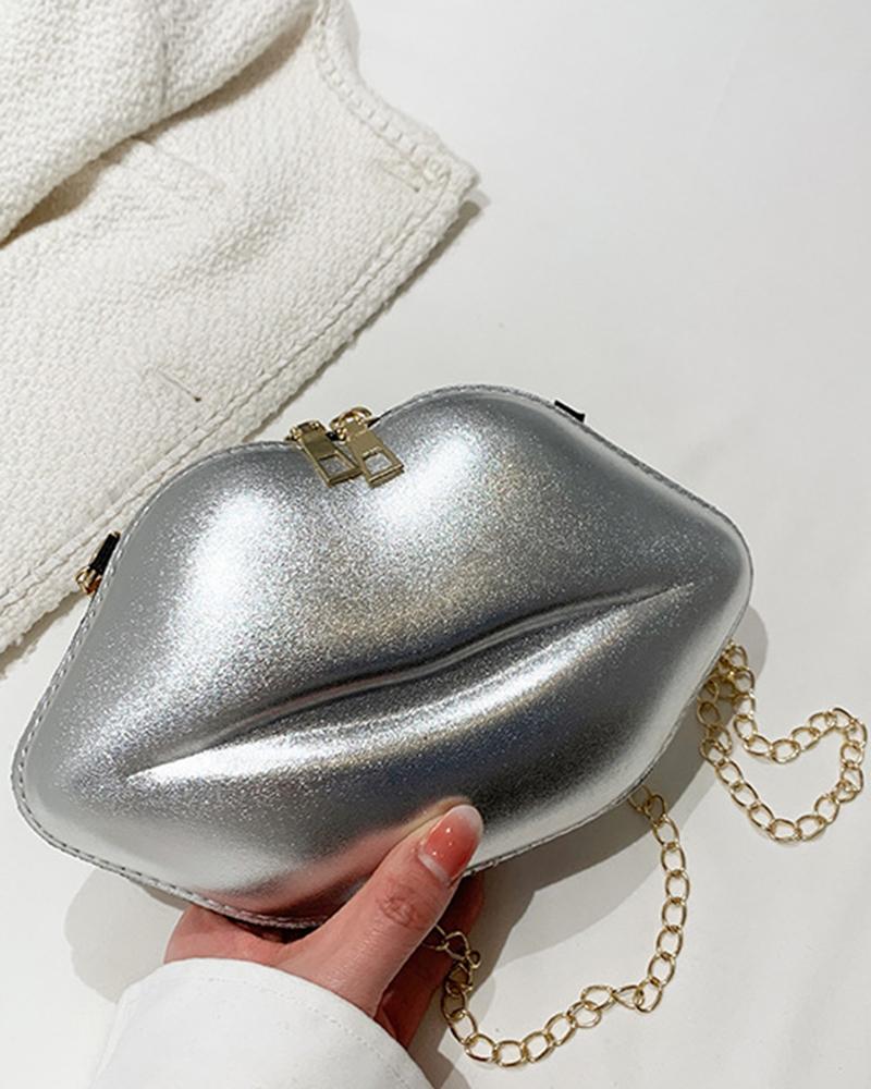 

Lip-Shaped Chain Strap Crossbody Bag, Silver