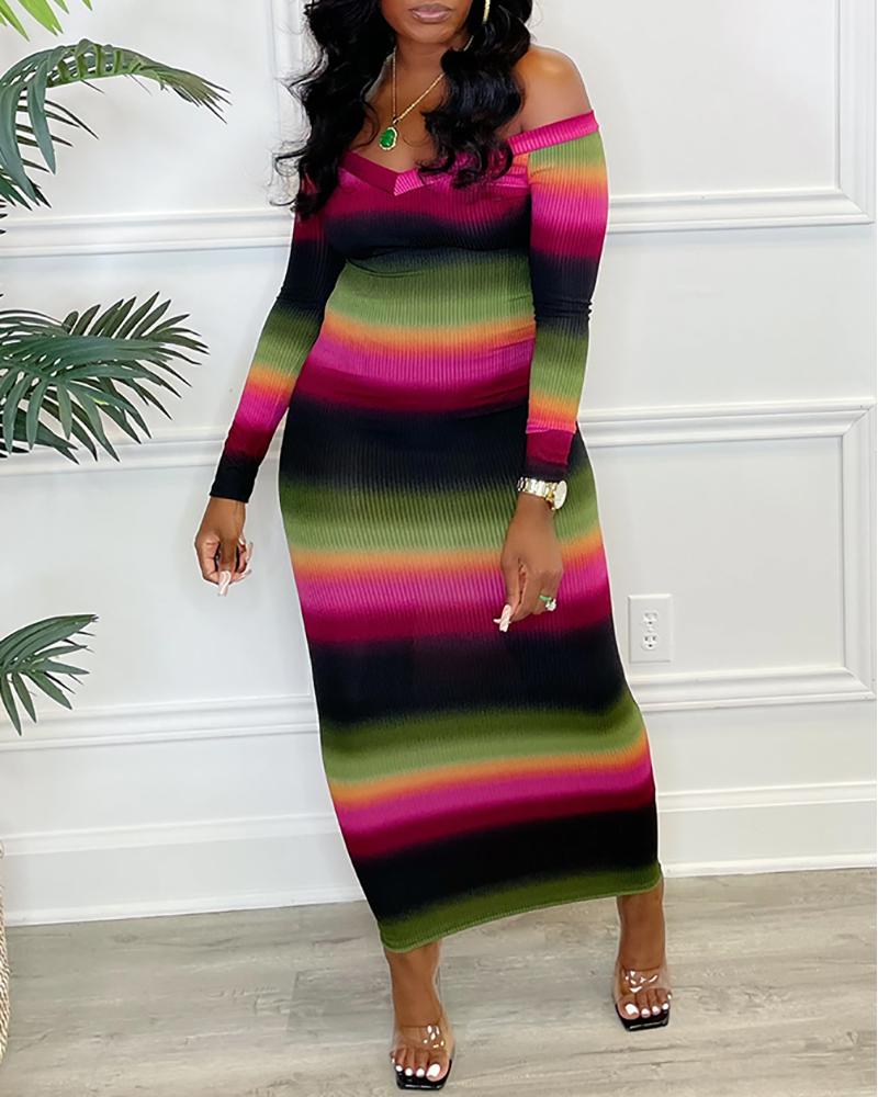 

Ribbed Long Sleeve Ombre Colorblock Maxi Dress, Red