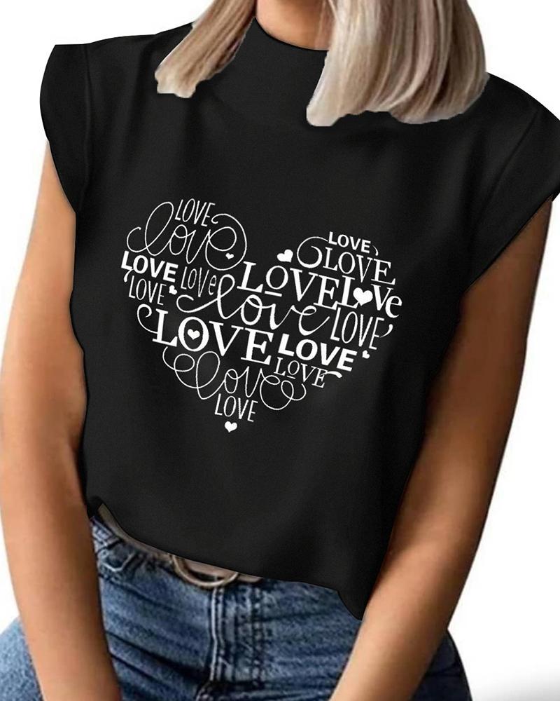 

Valentine' Day Letter Heart Print Casual T-shirt, Black