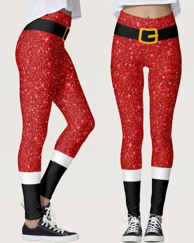 

Christmas Graphic Print Contrast Paneled High Waist Leggings, Red