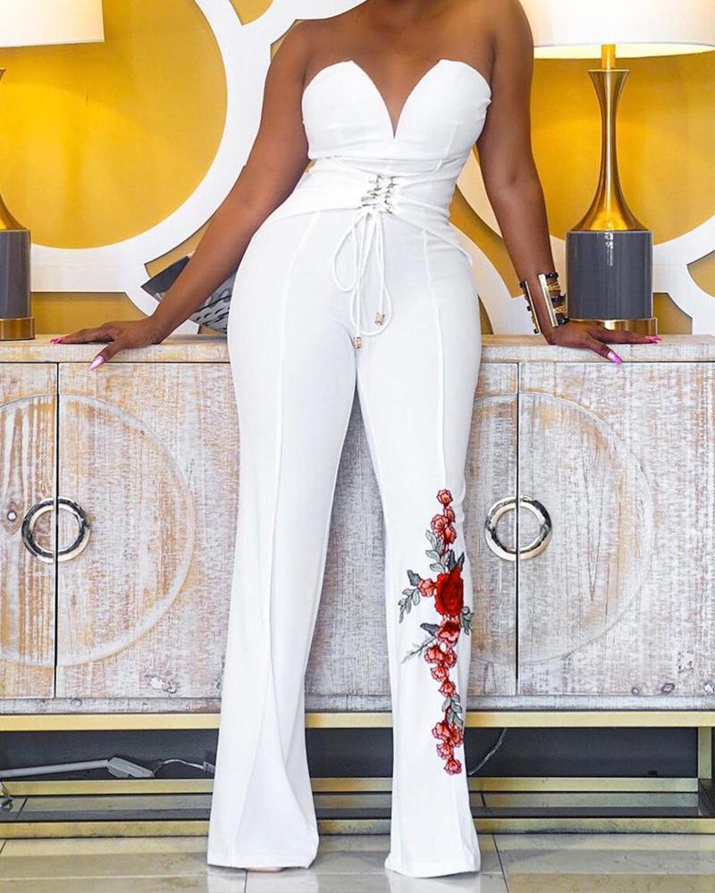 

Floral Print Lace-up Skinny Bandeau Jumpsuit, White