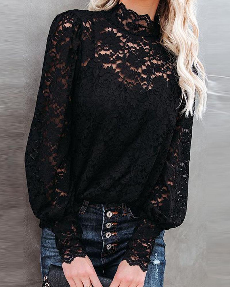 

Long Sleeve Crochet Lace Top, Black