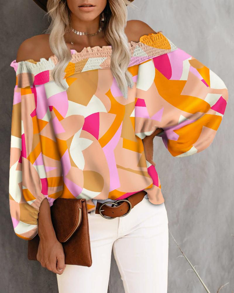 

Geo Print Shirred Off Shoulder Lantern Sleeve Top, Multicolor