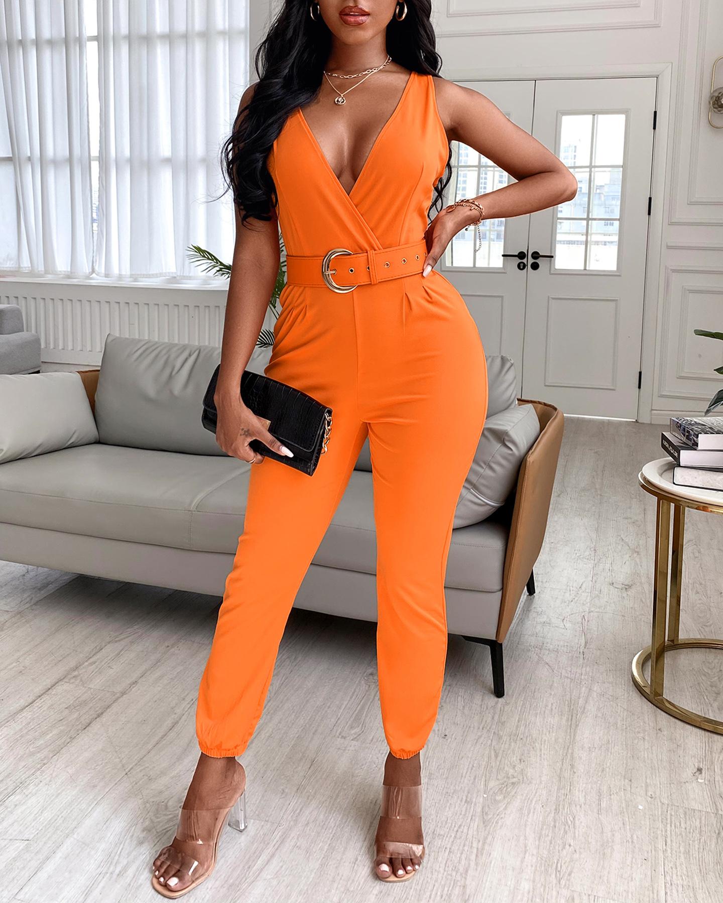 

Plain Thick Strap Jumpsuit With Belt, Orange