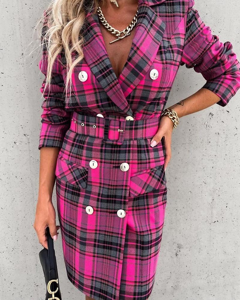 

Plaid Print Button Pocket Design Blazer Dress With Belt, Purple