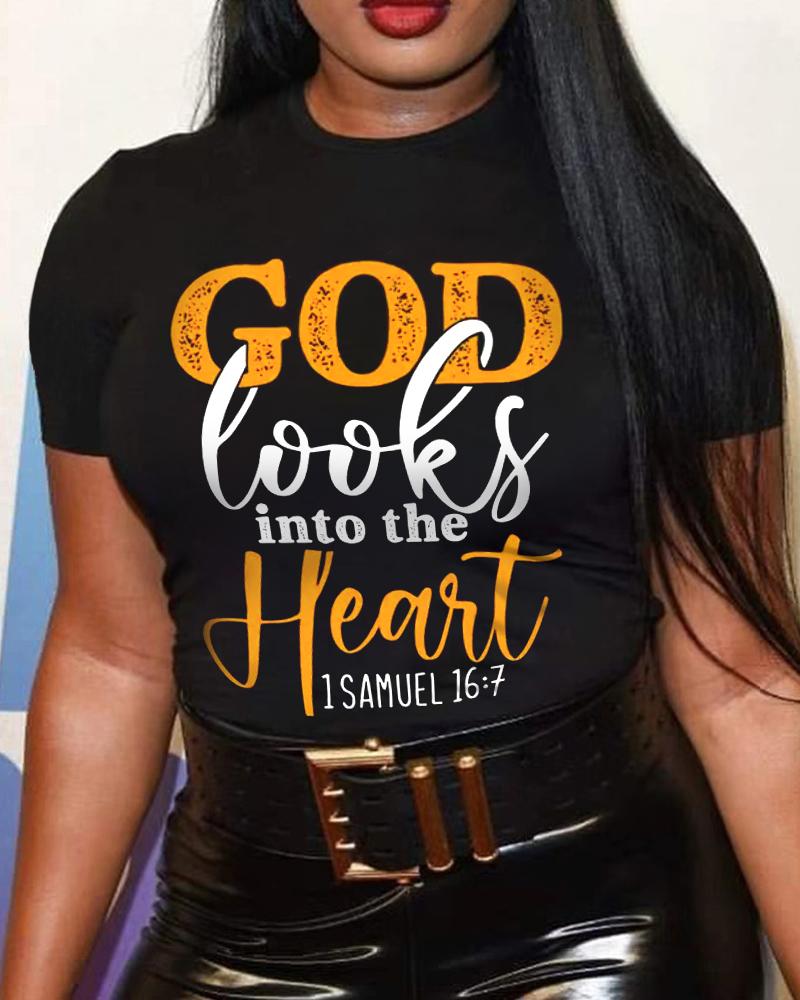 

Plus Size God Looks Into The Heart Print Casual T-shirt, Black