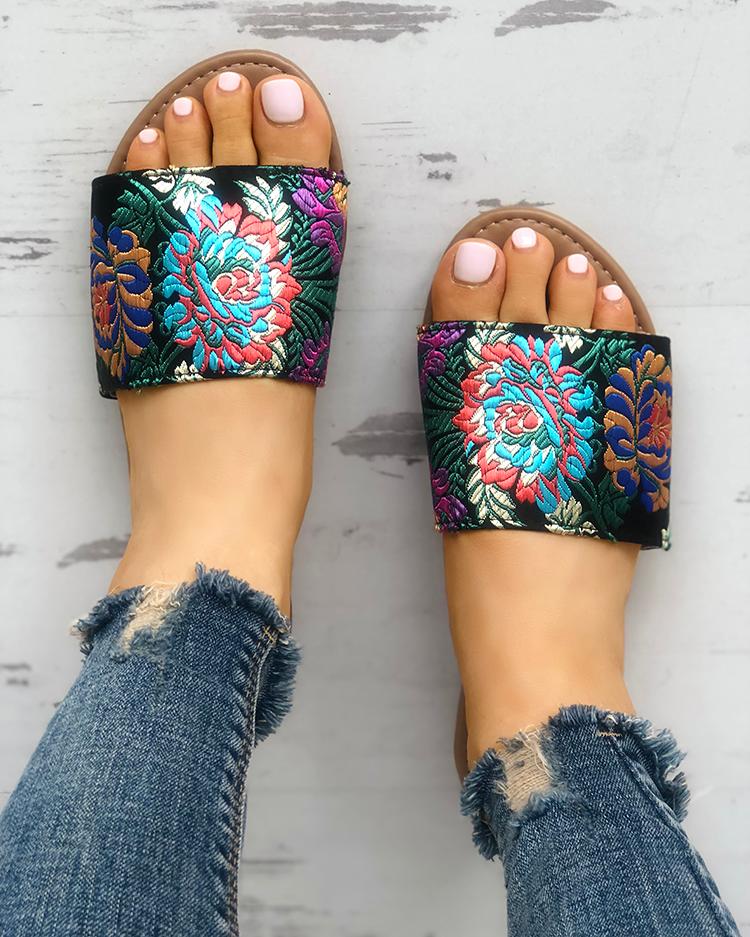 

Floral Embroidery Single Strap Open Toe Slipper, Black