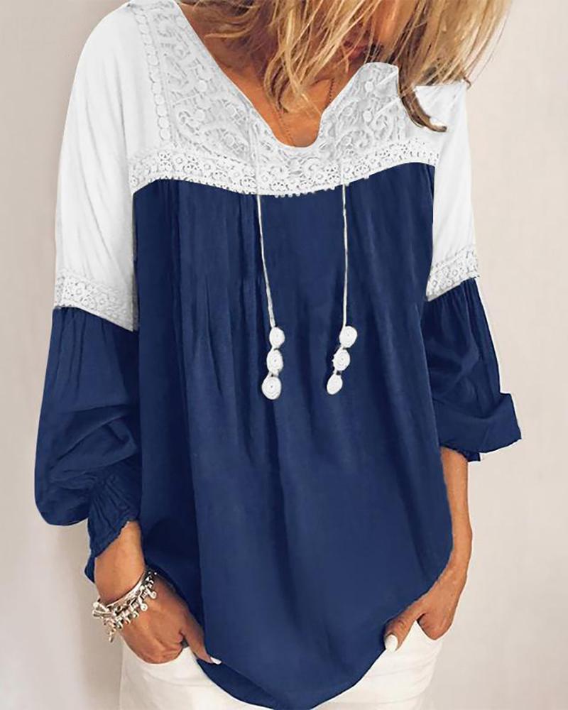 

Colorblock Lace Patchwork Fringe V Neck Top, Blue