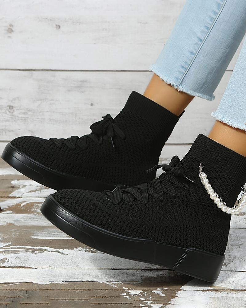 

Lace-up Pearls Chain Decor Knit Casual Boots, Black