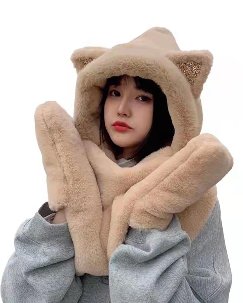 

3 In 1 3D Ear Fluffy Hat With Scarf & Gloves, Coffee