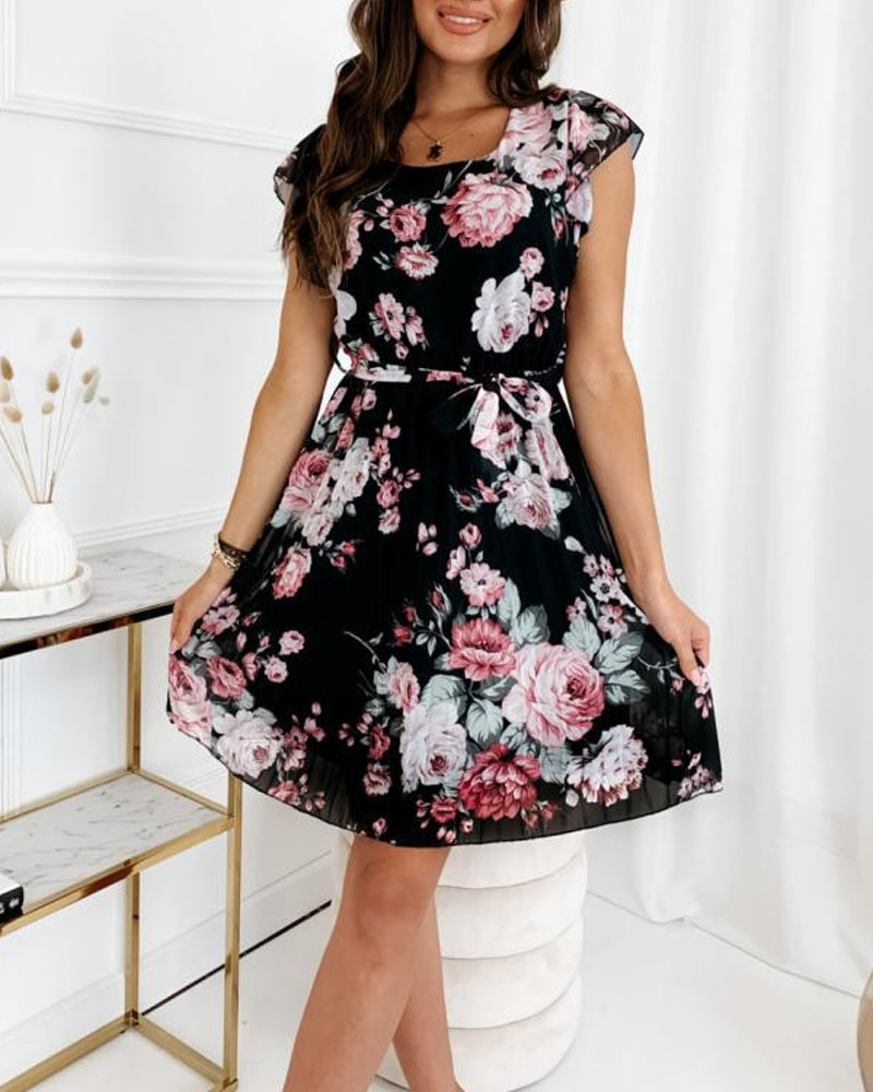 

Floral Print Belted Pleated Chiffon Dress, Black