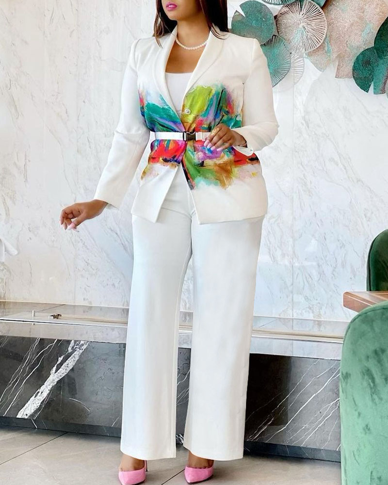 

Abstract Print Button Front Blazer & Straight Leg Pants Set, White