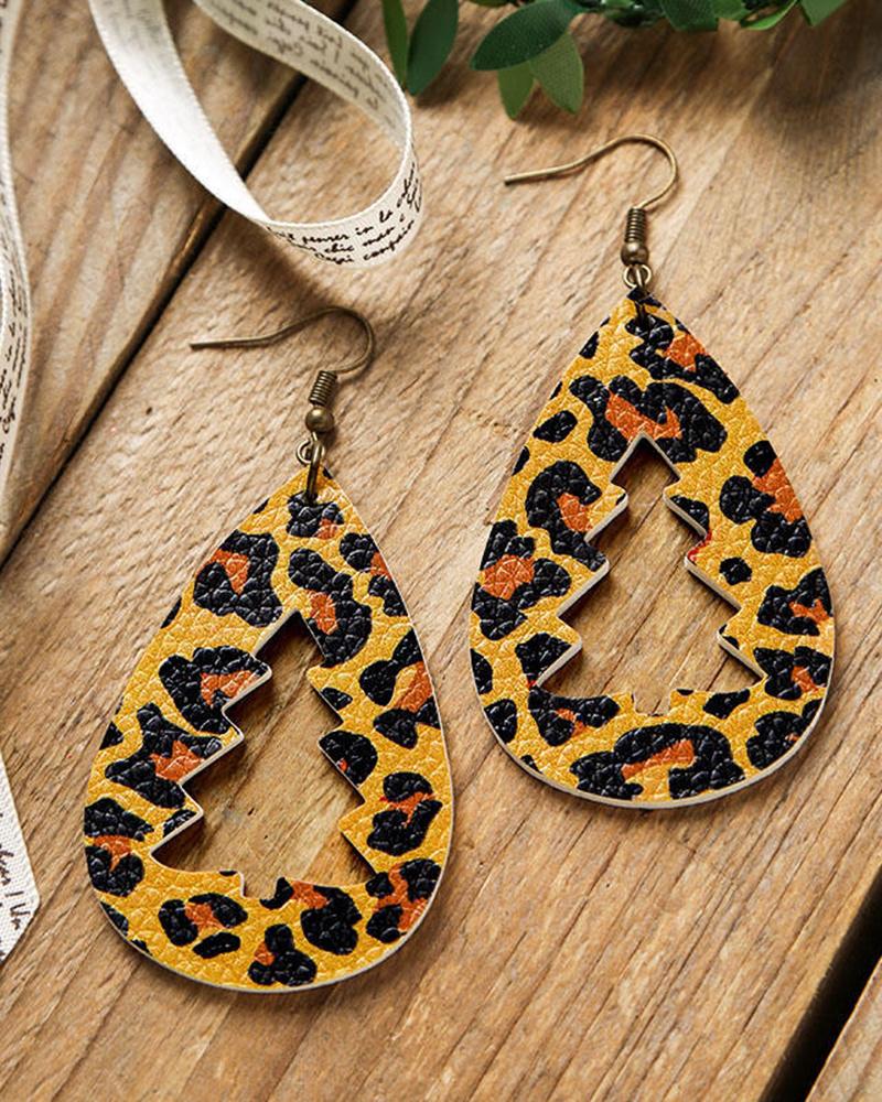 

1Pair Christmas Plaid Tree Hollow Out Water Drop Earrings, Leopard