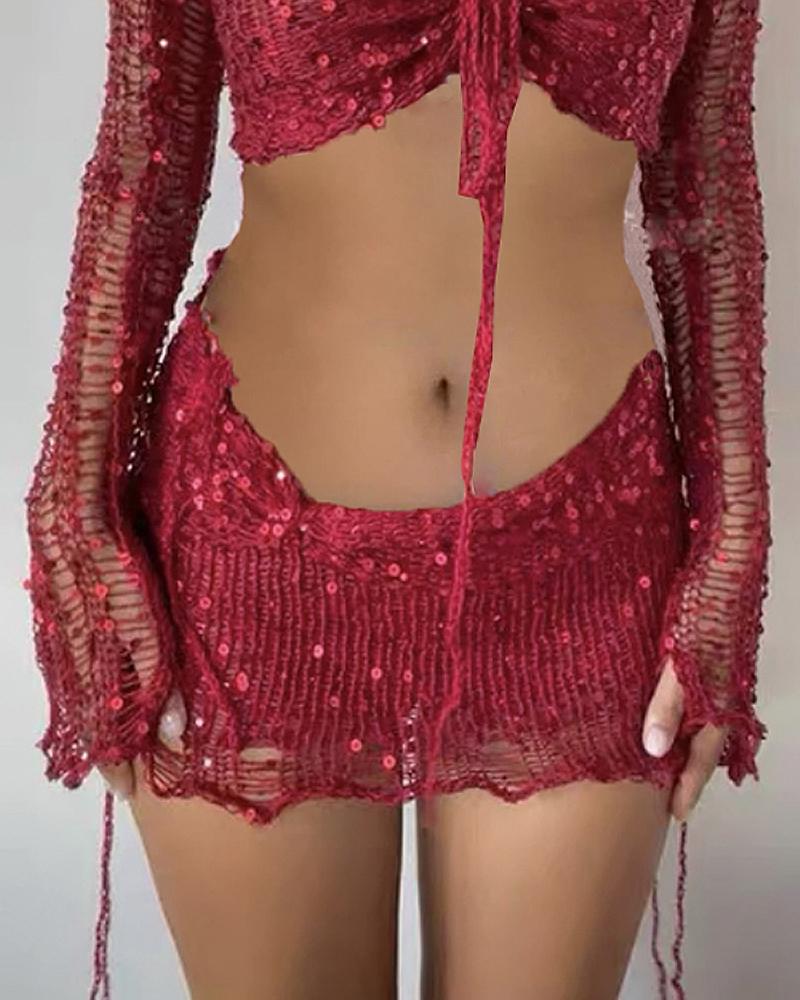 

Hollow Out Drawstring Bandeau Tube Top & Skirt Set With Top, Red