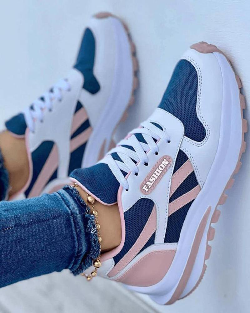 

Colorblock Breathable Lace-up Sneakers, Blue