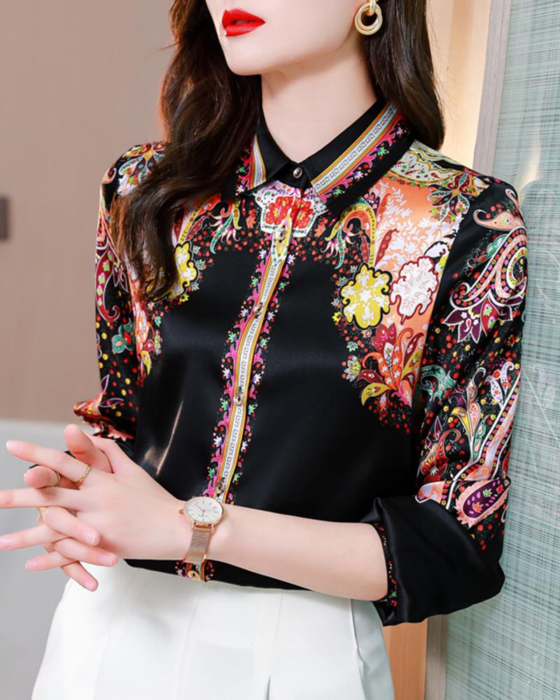 

Paisley Print Long Sleeve Top, Black