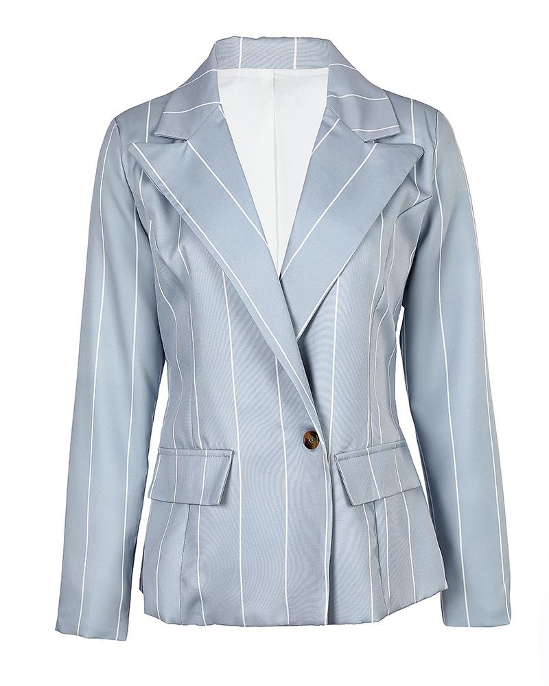 

Striped Print Buttoned Long Sleeve Blazer Coat, Light gray