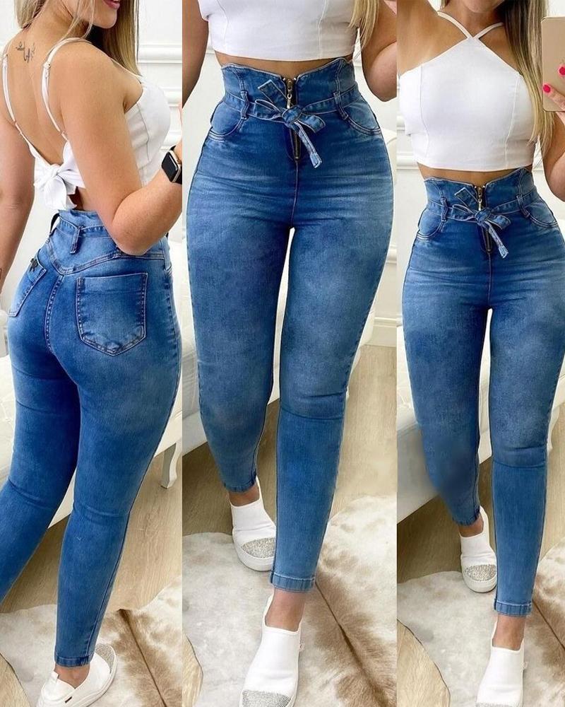 

High Waist Drawstring Skinny Jeans, Blue