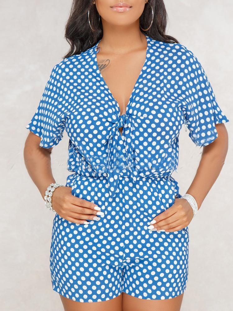 

Polka Dot Knot Front Pocket Playsuit, Blue