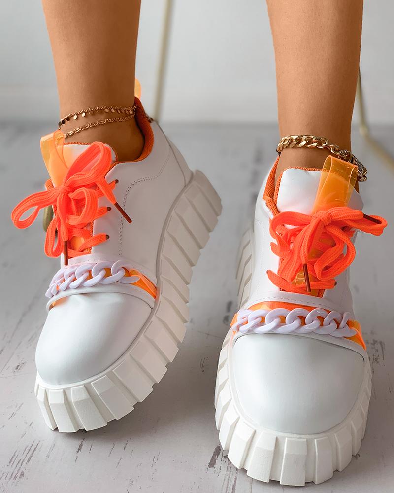 

Chain Strap Lace-up Front Flatform Sneaker, Orange