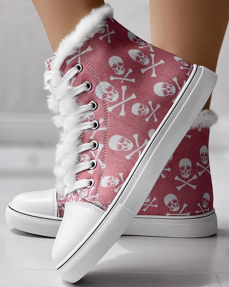 

Halloween Skeleton Print Lined Fuzzy Lace-up Ankle Boots, Pink